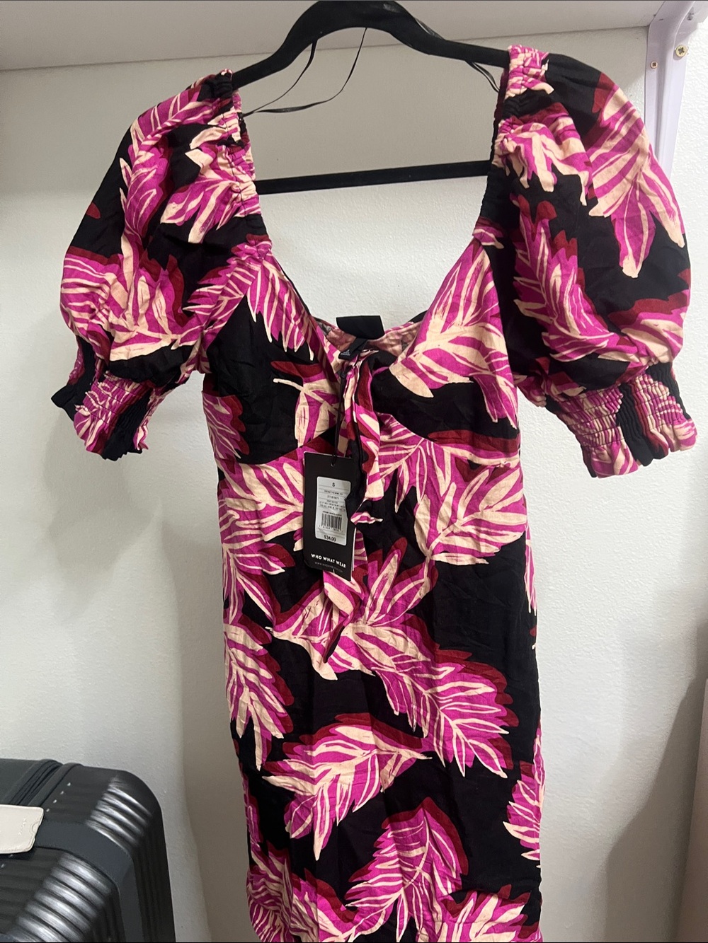 Who What Wear Black Midi Dress with Pink & Cream Leaf Print